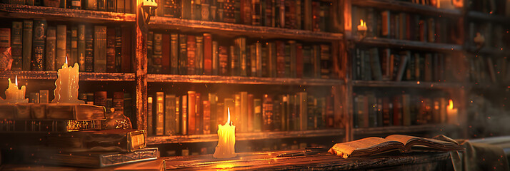 A digital rendering of an ancient library illuminated by soft candlelight, with dusty tomes lining weathered shelves, evoking a sense of nostalgia and wonder