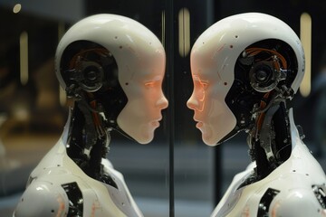 A couple of humanoids standing together and looking at their reflections in a mirror, A humanoid robot looking at its reflection, AI Generated - obrazy, fototapety, plakaty