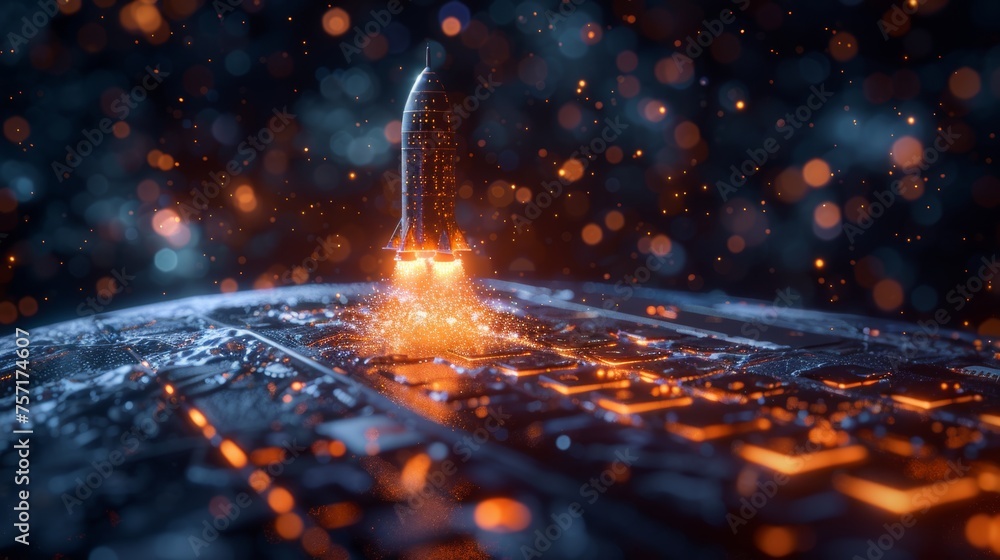 Aufkleber An abstract rocket launch from a laptop. Low poly style design in blue. Wireframe light connection structure. Modern 3D graphic concept. Isolated  illustration.