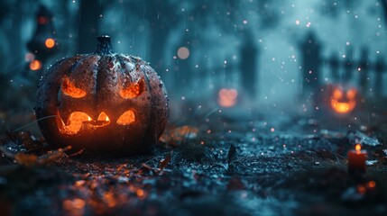 Spooky graveyard with pumpkins in the dark - Halloween backdrop