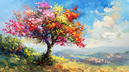Fototapeta na wymiar Painting of a tree with colorful flowers in the autumn season. Oil color painting