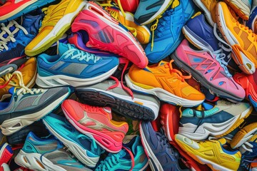 A colorful pile of shoes stacked on top of each other, creating a vibrant display, A jumbled pile of athletic shoes in a variety of vibrant colors, AI Generated
