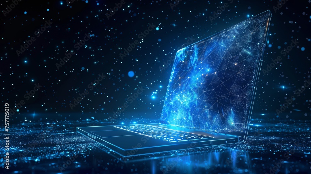 Poster A polygonal notebook and lock with a starry sky illustrating a digital data security concept. Low poly wireframe  illustration. Online data encryption concept. Starry sky consists of points,