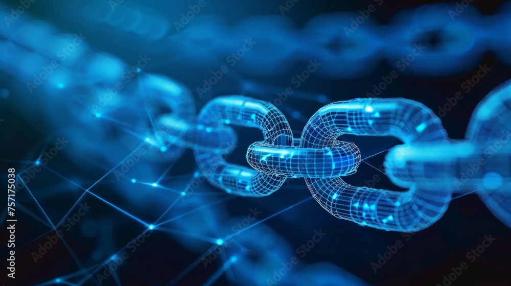 Poster abstract chain element on blue background. link protection, blockchain technology, cooperation symbo