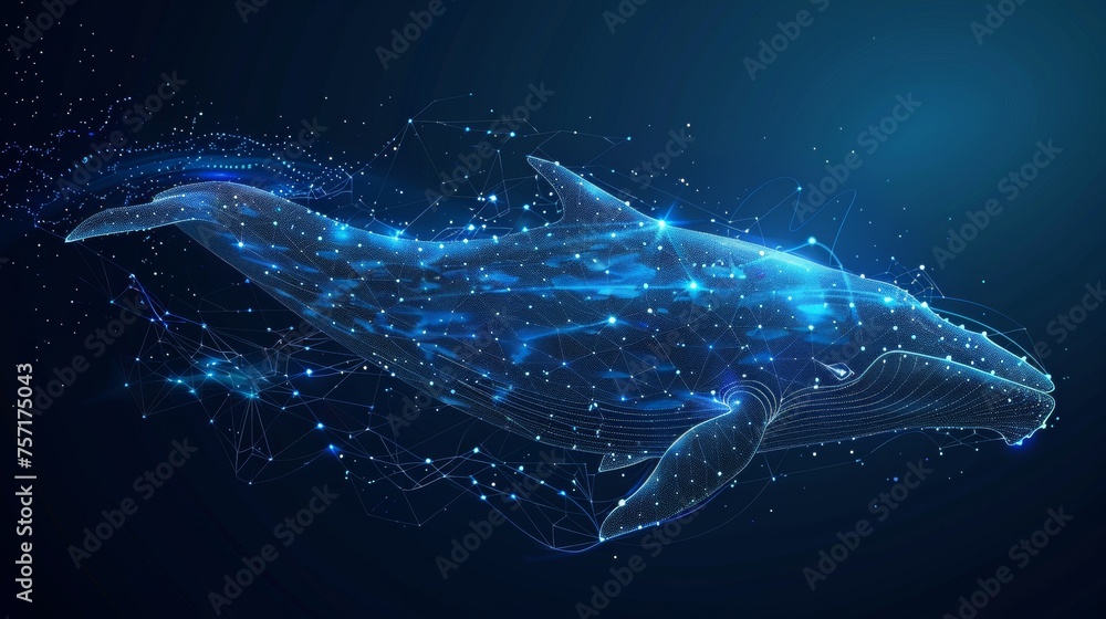 Poster An illustration of a blue whale composed of polygons. The whale consists of lines, dots, and shapes. Wireframe structure for light connections.