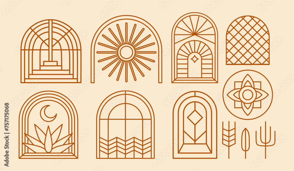 Poster bohemian windows and doors. bohemian geometric signs and symbols. linear arch, contour logo in boho 