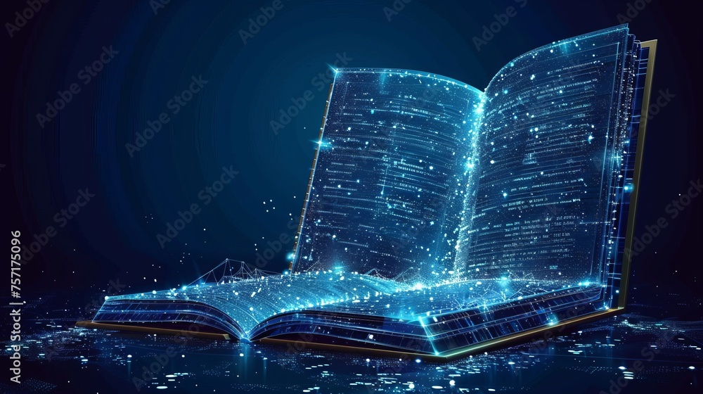Aufkleber A low polygonal image of a notebook on a computer with an open book and low poly wireframe background. Online education or courses.  illustration.