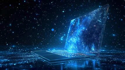 A polygonal notebook and lock with a starry sky illustrating a digital data security concept. Low poly wireframe  illustration. Online data encryption concept. Starry sky consists of points, - obrazy, fototapety, plakaty