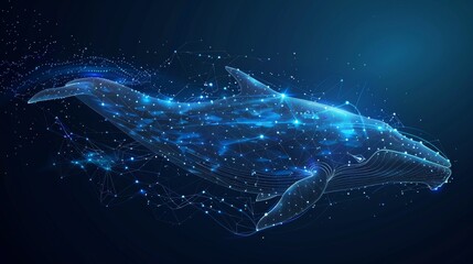 An illustration of a blue whale composed of polygons. The whale consists of lines, dots, and shapes. Wireframe structure for light connections. - obrazy, fototapety, plakaty