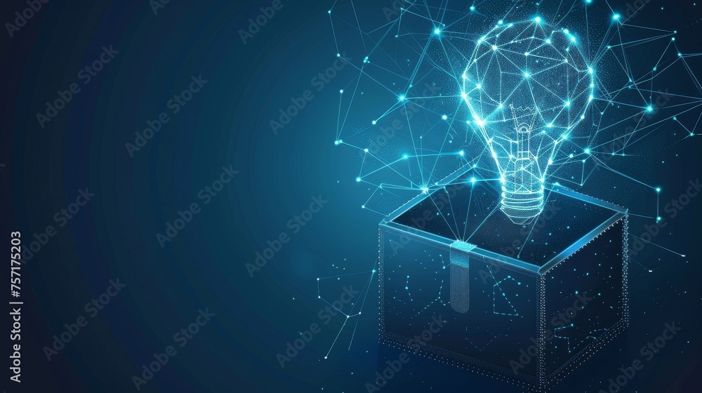 Poster Think outside the box with this abstract open box and light bulb. Geometric background. Wireframe structure for light connections. Modern 3D graphic concept. Isolated  illustration.