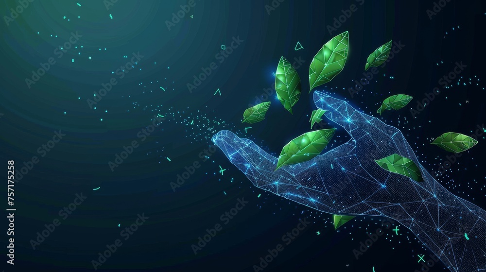 Leinwandbilder abstract giving hand with falling leaves. low poly style design. blue geometric background. wirefram