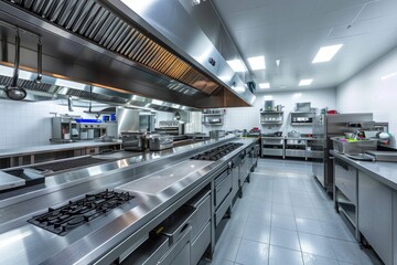 A professional commercial kitchen showcasing sleek stainless steel appliances and countertops, A large empty restaurant kitchen complete with a long stainless steel counter, AI Generated
