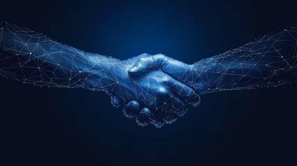 Fotobehang A handshake isolated on a blue background is a concept of relationships, teamwork, partnership deals, businessman cooperation, corporate meetings, contracts, friendship and business agreements. © Zaleman