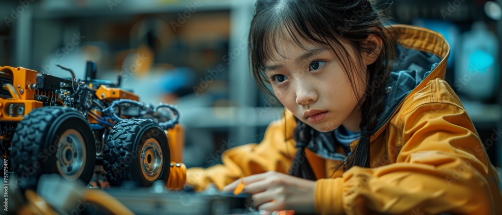 Leinwandbilder In the classroom, Asian teenagers work on robotic arms and robotic cars with computers and coding. This is an excellent example of STEM education and the use of robotics programming.