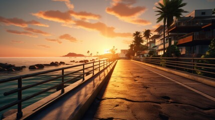 Sunset at the seaside promenade with palm trees. - obrazy, fototapety, plakaty