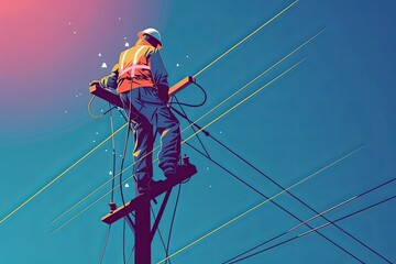 A man standing on top of a power pole, working on the electrical lines high above the ground. Generative AI