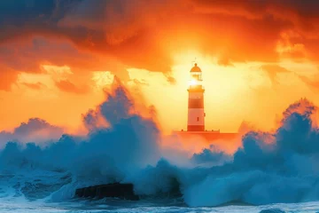 Foto op Aluminium Majestic Lighthouse Embraced by Sunset Waves, A lighthouse standing tall against a vibrant orange sunset over the crashing ocean waves, AI Generated © Iftikhar alam