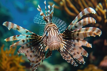 Naklejka na ściany i meble A close-up photo of a lionfish resting on coral, showcasing its remarkable colors and pattern, A lionfish with fan-like pectoral fins radiating a sense of danger, AI Generated