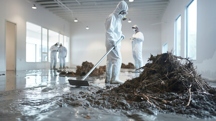A dedicated team of individuals clad in white hazmat suits diligently removes mud and debris from inside a flood-ravaged house, working tirelessly to aid in the post-disaster cleanup efforts
