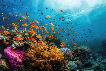 Explore the breathtaking beauty of a vibrant coral reef teeming with diverse marine life, A lively coral reef bursting with tropical fish, AI Generated