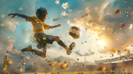 A little young boy jumps and kicks a football in the stadium with particles in the air, kid soccer kick