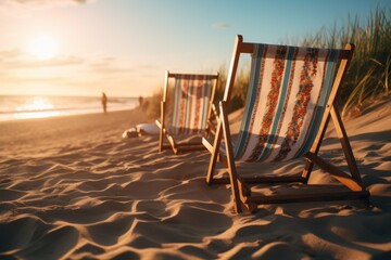 a beach with beach chairs in the background, illuminated by the light of the setting sun