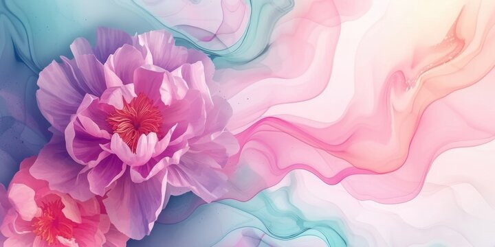 Abstract watercolor background with peony flower in pink and blue waves of paint