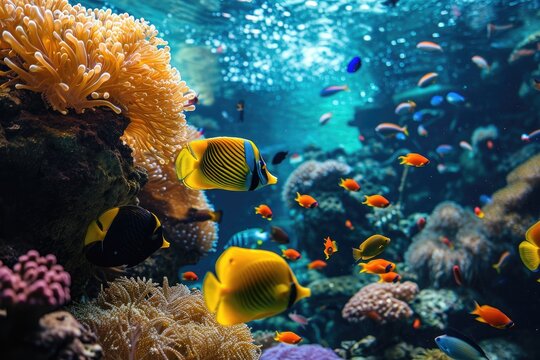 Vibrant Array of Colorful Fish Thriving in a Spacious Aquarium, A lively coral reef bursting with tropical fish, AI Generated