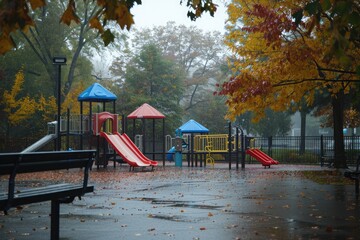 Kids having fun and making the most of a rainy day at the parks playground, A lively playground during a soft drizzle, AI Generated