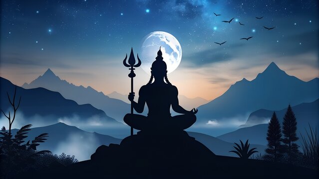 Spiritual Silhouette: Lord Shiva Meditating at Night | Tranquil Image of Divine Meditation