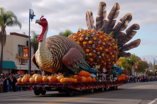 A colorful parade float displaying a gigantic turkey on its rear, attracting attention and delighting spectators, A lively parade celebrating Thanksgiving with gigantic floats, AI Generated