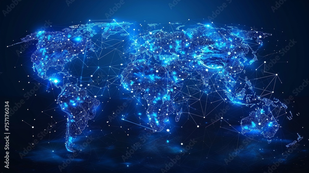Aufkleber Isometric world map. Geometric silhouette of particles connected in a geometric silhouette. Polygon wireframe composition on blue background. Marked location map. Abstract illustration isolated on