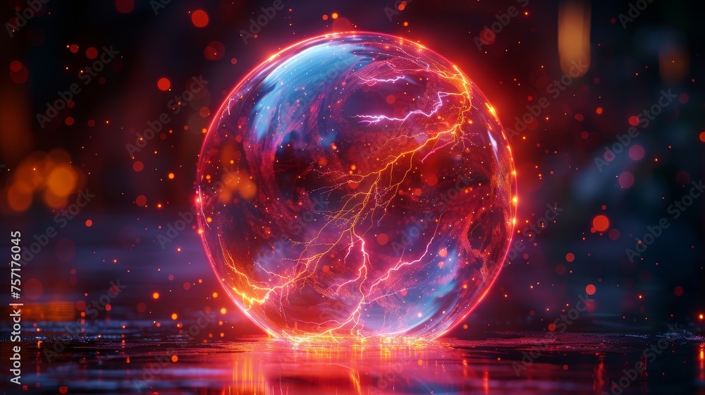Poster shield with lightning in a futuristic style on dark background with glowing effect. sparks strike th