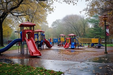 A childrens play area in a park, filled with kids playing, on a rainy day, A lively playground during a soft drizzle, AI Generated