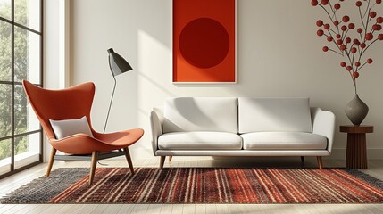 white sofa in mid century living room, red poster on the wall, carpet on the floor, brown chair. Sunlight. Minimal home interior design.