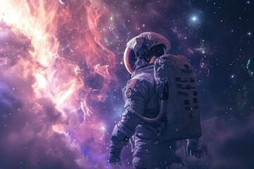 A man clad in a space suit marvels at the wonders of the star-filled expanse above, A lone astronaut in a space suit gazing at the swirling nebula behind, AI Generated