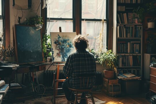A person sits in a chair, gazing out of a window, A lone artist painting in a sunlit studio, AI Generated