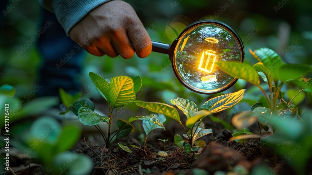 Poster with magnifying glass and a bulb, a man searches for the world's consumption with an icon representi
