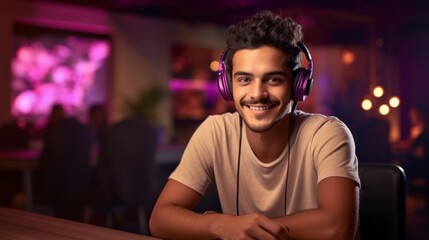 A young Gamer streamer Man in headphones smiles, conducts a live Online Broadcast, Communicates...
