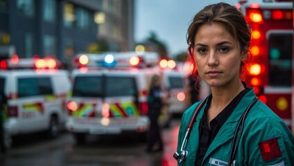  a young female physician or emergency medical technician standing in front of an ambulance, surrounded by emergency equipment. 
