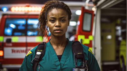  a young female physician or emergency medical technician standing in front of an ambulance, surrounded by emergency equipment. 
