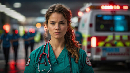  a young female physician or emergency medical technician standing in front of an ambulance, surrounded by emergency equipment. 
