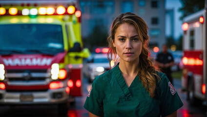  a young female physician or emergency medical technician standing in front of an ambulance, surrounded by emergency equipment. 
