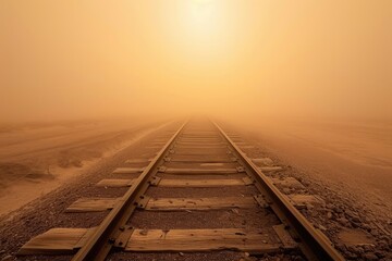A train track cuts through the barren desert, surrounded by sand, under a clear blue sky, A long stretch of railroad tracks disappearing into a sandstorm, AI Generated
