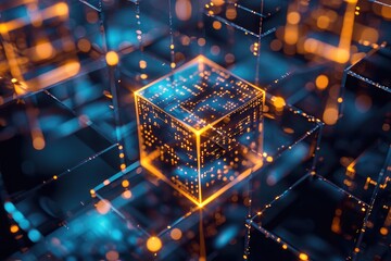 A cube stands prominently amidst a crowd of similarly shaped cubes, A look inside the structure of a digital block in a blockchain, AI Generated - obrazy, fototapety, plakaty