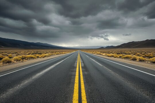 A picture of a deserted road with bright yellow lines in the center, stretching as far as the eye can see, A long stretch of road with no end in sight, AI Generated
