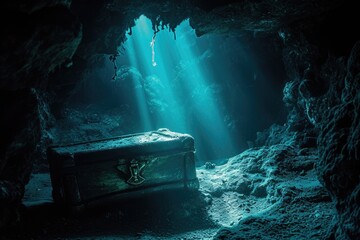Explore the hidden depths of a cave and come across a mysterious chest filled with ancient treasure, A lost sunken treasure chest hidden inside a dark underwater cave, AI Generated