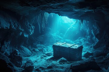 A box is discovered in the heart of a cave, surrounded by darkness and mystery, A lost sunken treasure chest hidden inside a dark underwater cave, AI Generated