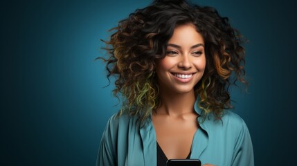 The image shows a smiling happy pretty latin woman holding a mobile phone device, doing ecommerce online shopping using the phone, and using apps on the cellphone, standing isolated against a blue - obrazy, fototapety, plakaty