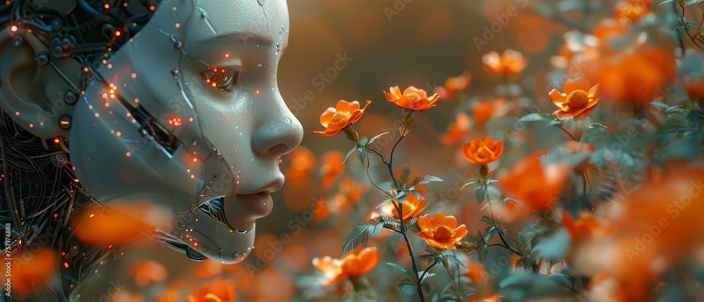 Poster A humanoid with artificial intelligence taking robotic flower from a hand. Industry 4. Computer neural network learns world. Artificial intelligence with digital brain analysis.